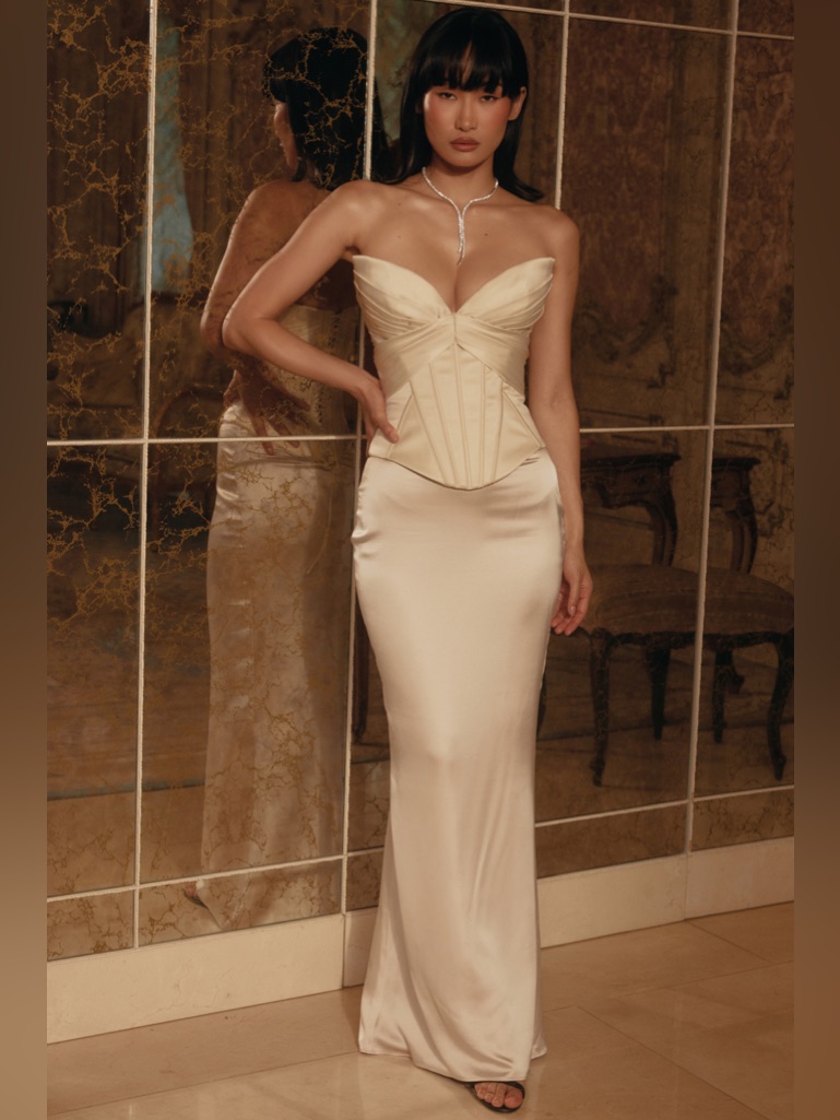 House Of Cb Eve Xs A-C Ivory Satin Corset Maxi Dress - Limited Edition